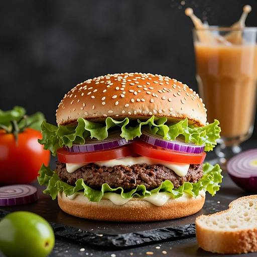 Photograph of a juicy beef burger with sesame seed bun, lettuce, tomato, onion, cheese, and condiments, accompanied by a glass of 