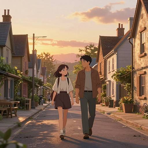 Digital anime-style drawing of a young couple walking down a quaint, sunlit village street at sunset, with houses and greenery.