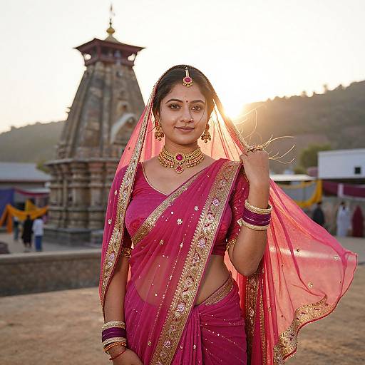 Photograph of a beautiful Indian bride in a pink and gold saree, holding her veil, adorned with jewelry, standing in front of a traditional temple