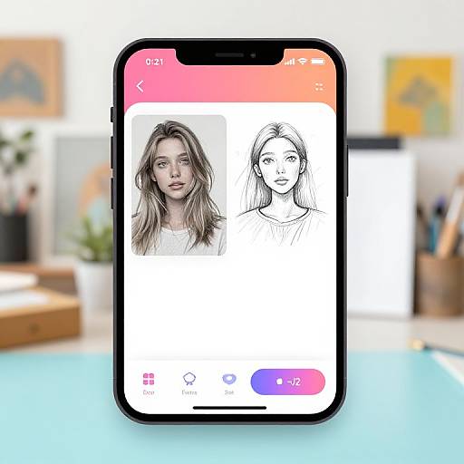 Photograph of a smartphone screen showing a colored portrait of a woman with long hair beside a black-and-white sketch of another woman, with a blurred modern