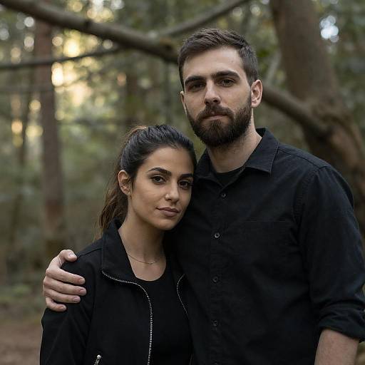 Sunlit Forest Couple Embrace Portrait