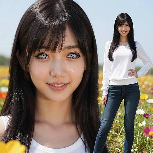 Photograph of an Asian woman with long black hair, blue eyes, wearing a white long-sleeve shirt and blue jeans, standing in a colorful