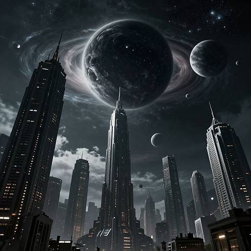 Digital artwork of a dark, futuristic cityscape with towering skyscrapers under a night sky filled with large, ringed planets and smaller moons.