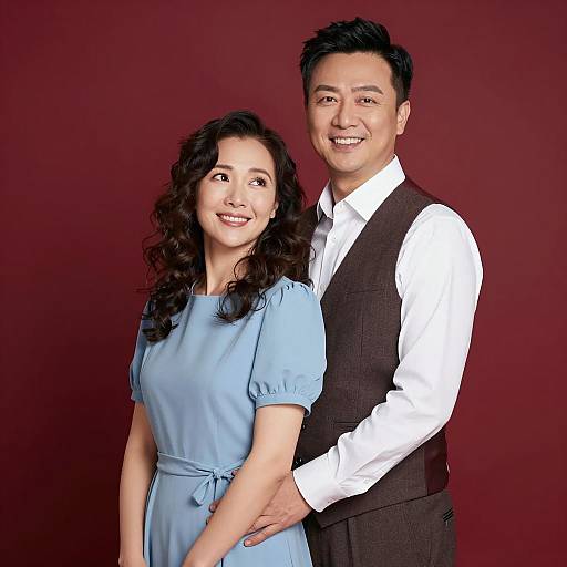 Smiling Couple Embracing Against Red Background