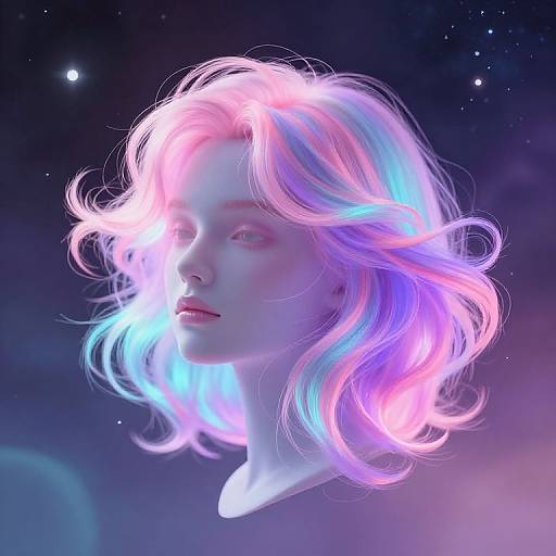 Digital art of a pale-skinned woman with glowing, pastel pink and blue wavy hair against a starry, cosmic background. Ethereal and