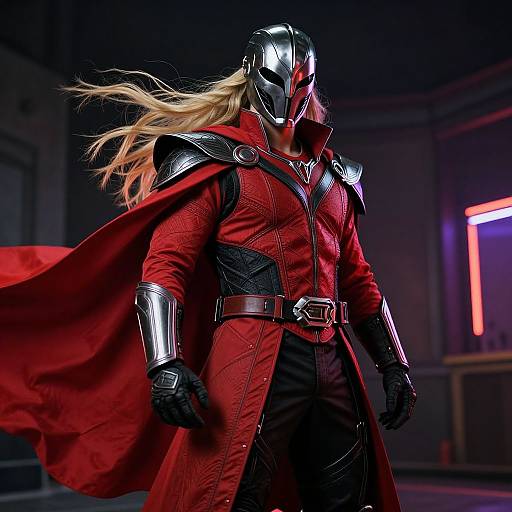 Digital artwork of a muscular, armored superhero in a red cape, black helmet with a silver visor, and red suit, standing in a dimly