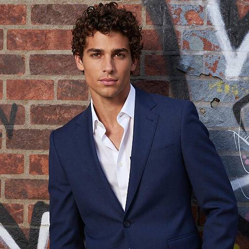 Photograph of a handsome man with curly dark hair, wearing a dark navy suit and white shirt, standing against a graffiti-covered brick wall.