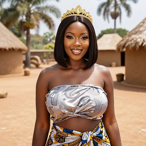 Photograph of a smiling Black woman with medium-dark skin, straight black hair, wearing a gold tiara, silver and white strapless top, and