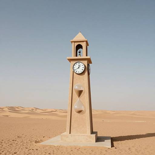 Photograph of a tall, beige clock tower with an hourglass design, standing alone in a vast, sandy desert under a clear blue sky.
