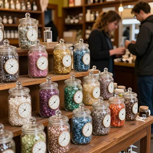 Photograph of a store display featuring colorful glass jars filled with various beads, each with a white clock face on top. Background includes blurred customers and shelves
