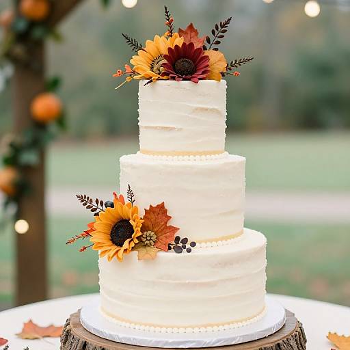 Photograph of a white, three-tiered wedding cake adorned with vibrant orange and red sunflowers, black center flowers, and autumn leaves. Background features