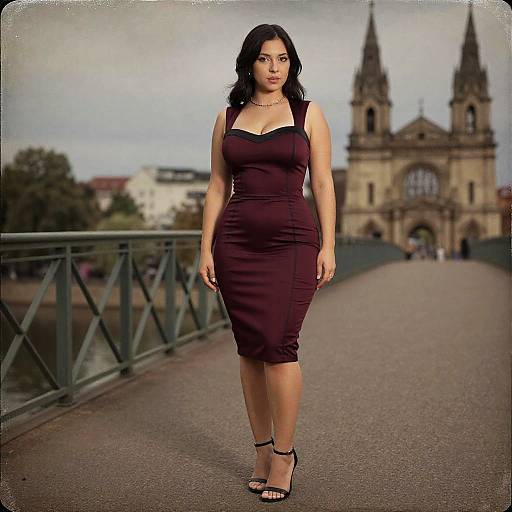 Photograph of a curvy woman with dark hair in a form-fitting burgundy dress and black heels, walking on a bridge with a historic cathedral