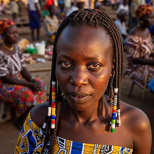 Photograph of a dark-skinned African woman with braided hair, colorful beads, and geometric-patterned off-shoulder top, standing in a