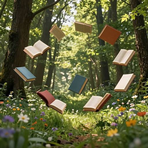 Photograph of floating books in a sunlit forest, surrounded by colorful wildflowers, with tall trees and dappled sunlight in the background.
