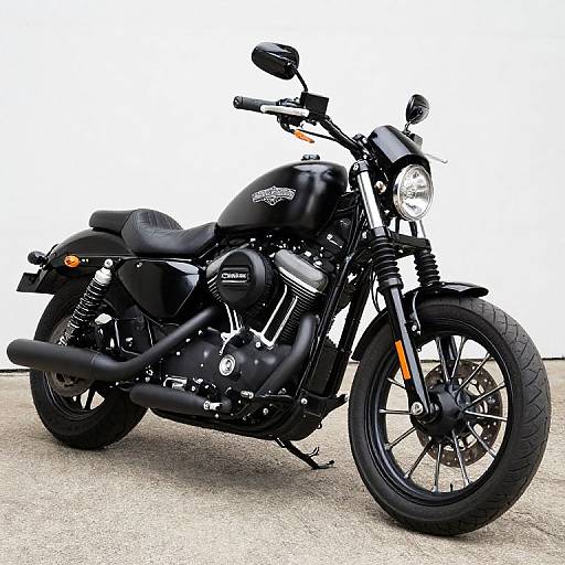 Photograph of a sleek, black Harley-Davidson motorcycle with chrome accents, black tires, and a round headlight, parked on a concrete surface