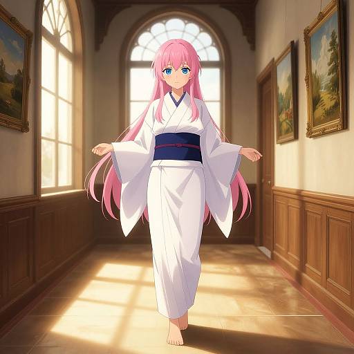 Anime Woman in Castle Hallway