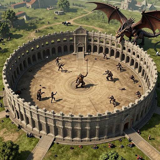 Digital CGI of a gladiator battle in a Roman Colosseum, with a dragon above, surrounded by spectators and lush greenery.