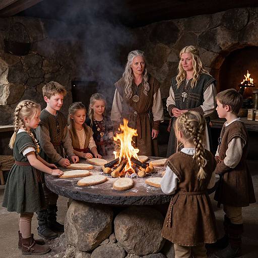 Photograph of medieval children and adults gathering around a stone fire pit, baking flatbreads, with a roaring fire in a stone-walled room.