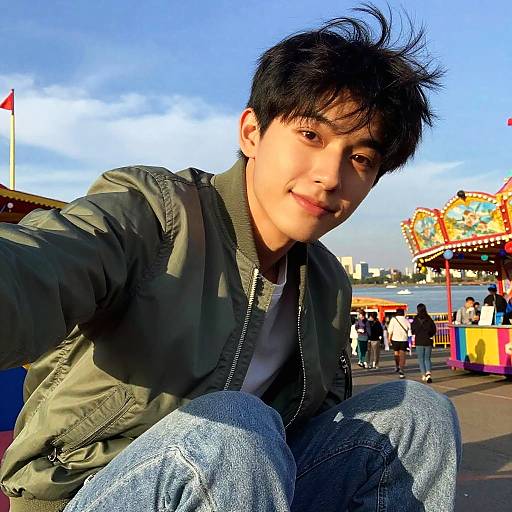 Photograph of a young Asian man with black, spiky hair, smiling, wearing a green jacket and blue jeans, at a sunny, waterfront amusement