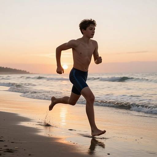 Teen Boy Running by Sunset Shoreline