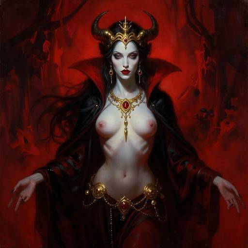 Digital painting of a topless, pale-skinned, demon queen with black horns, red eyes, and gold jewelry, set against a dark red,