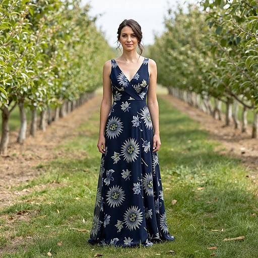 Photograph of a smiling woman with dark hair in a navy blue, sleeveless dress with white floral patterns, standing in a tree-lined orchard path