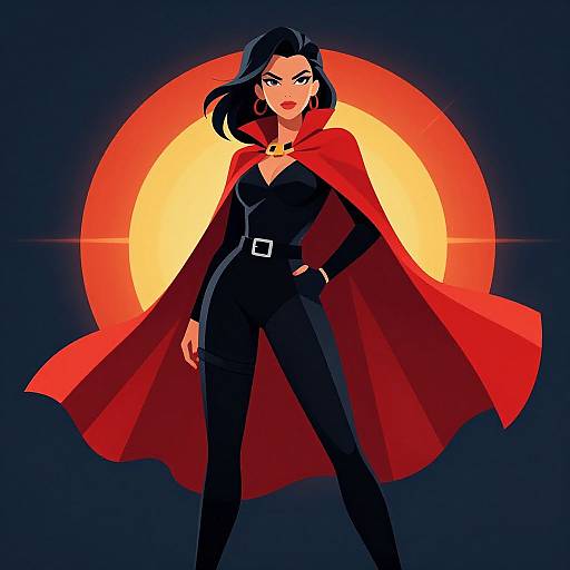 Digital illustration of a confident, dark-haired woman in a black jumpsuit and red cape, standing before a glowing yellow-red sun. Bold, comic book