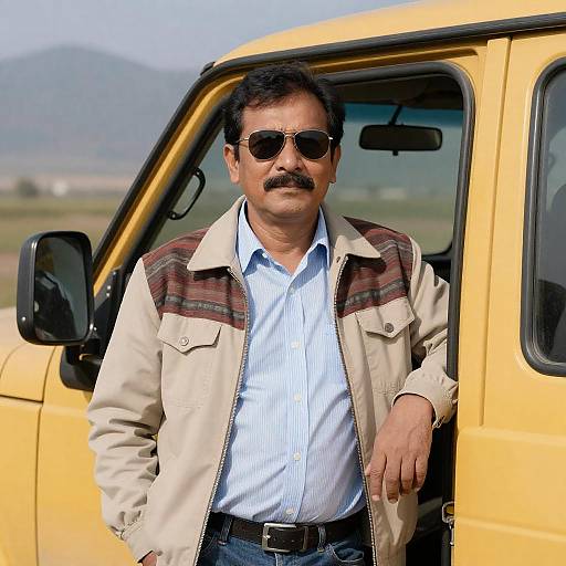 Middle-aged man leaning on yellow vehicle door