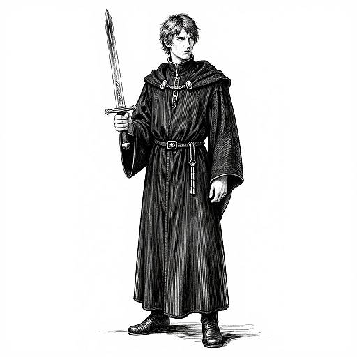 Black-and-white digital drawing of a serious, young man with short hair, wearing a long, hooded cloak and holding a sword, standing against a