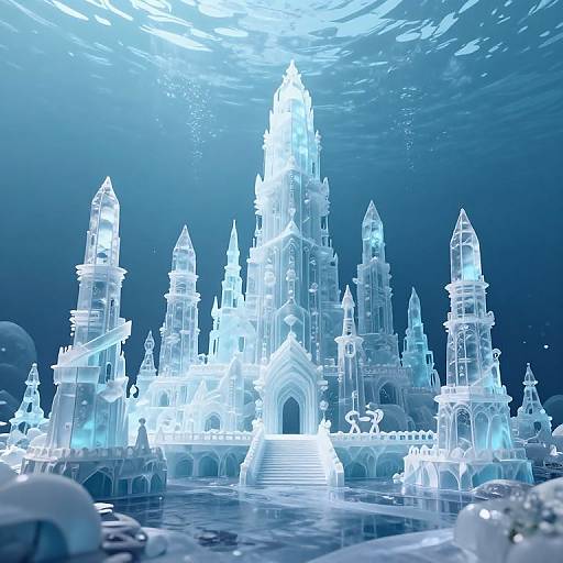 Photograph of a glowing, intricate ice castle with towering spires, illuminated from within, set against a dark, icy blue background.