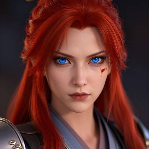 CGI portrait of a fierce, red-haired woman with striking blue eyes, a small blood mark on her cheek, and metallic armor.