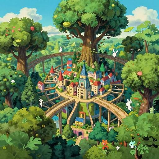 Vibrant digital illustration of a whimsical, colorful town nestled among lush, leafy trees with a winding wooden bridge and flying white butterflies in a