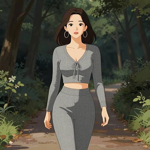 Chic Woman Evening Forest Walk