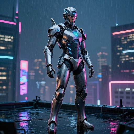 Digital illustration of a shiny, silver robotic humanoid standing in a rainy, neon-lit cityscape at night. Bright city lights reflect on wet ground.