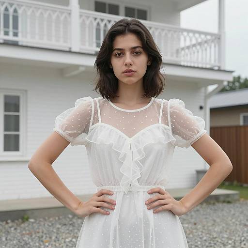 Young Woman in Sheer Polka Dot Dress