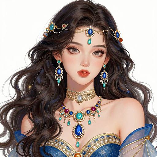 Digital art of an elegant, fair-skinned woman with long black wavy hair, adorned in blue and gold jewelry, wearing a strapless blue gown