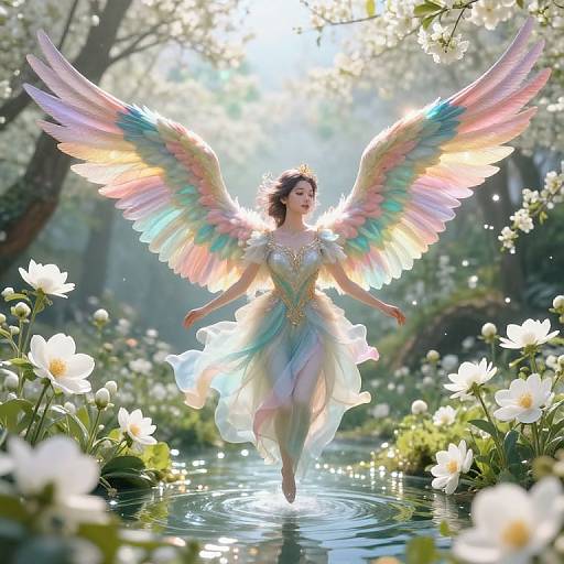 Digital artwork of a winged fairy with colorful, rainbow-hued wings, standing in a serene, sunlit forest pond surrounded by blooming white water