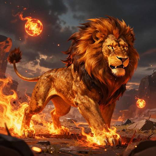 Digital illustration of a roaring, fiery-maned lion standing amid blazing flames, with floating fireballs in a dark, stormy sky.