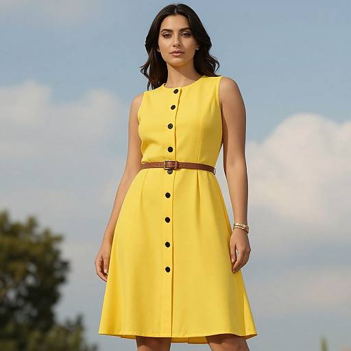 Photograph of a confident woman with dark hair, wearing a sleeveless, buttoned, bright yellow dress with a brown belt, standing outdoors against a