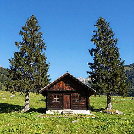 Wooden Cabin in Meadow with Evergreen Trees