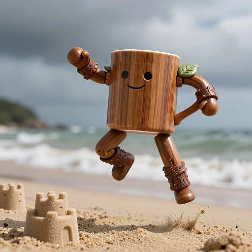 Wooden Coffee Mug Character Leaping on the Beach