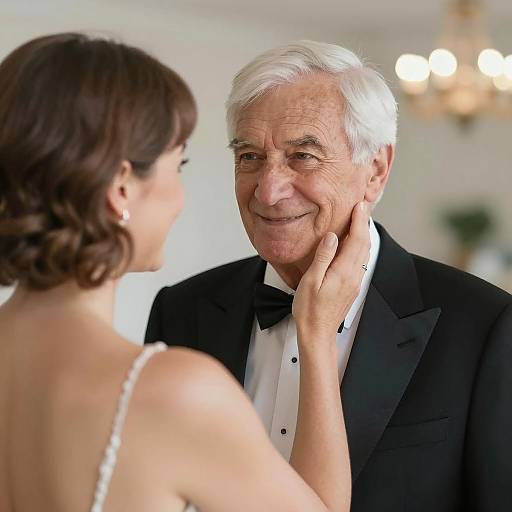 Older Man in Tuxedo Smiling at Woman