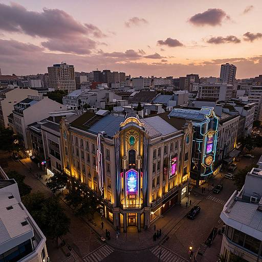 Twilight Cityscape: Art Nouveau Meets Neon