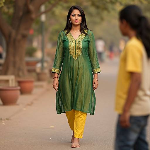 Photograph of an Indian woman with medium skin tone, black hair, wearing a green kameez with gold embroidery, yellow pants, walking on a