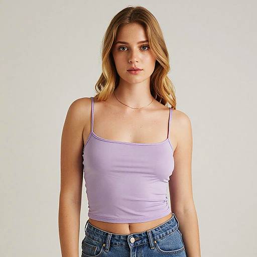 Young woman in lilac crop top and jeans
