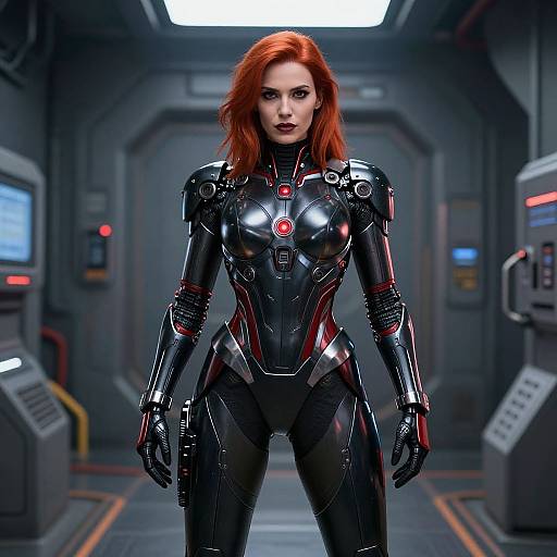 Futuristic Woman in High-Tech Iron Suit