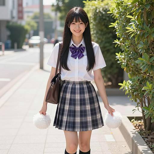 Japanese School Girl with Pom-Poms on Sidewalk