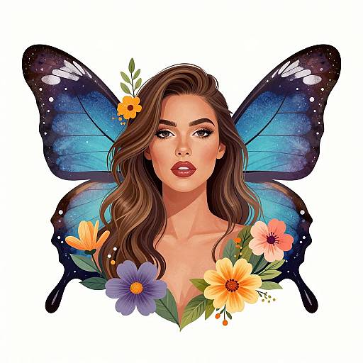 Digital illustration of a beautiful woman with long brown hair, blue butterfly wings, and a flower crown, surrounded by colorful flowers.