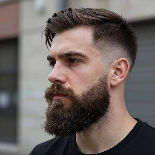 Photograph of a Caucasian man with a full, thick dark brown beard, side-swept hair, undercut, and black shirt, looking to the