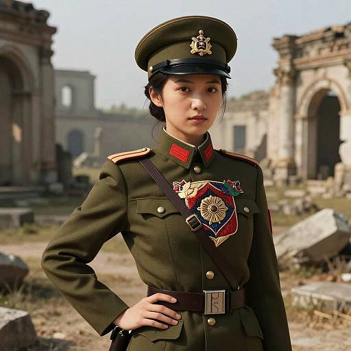 Photorealistic digital art of an Asian woman in a green military uniform with medals, standing confidently in a ruined, ancient ruins background.